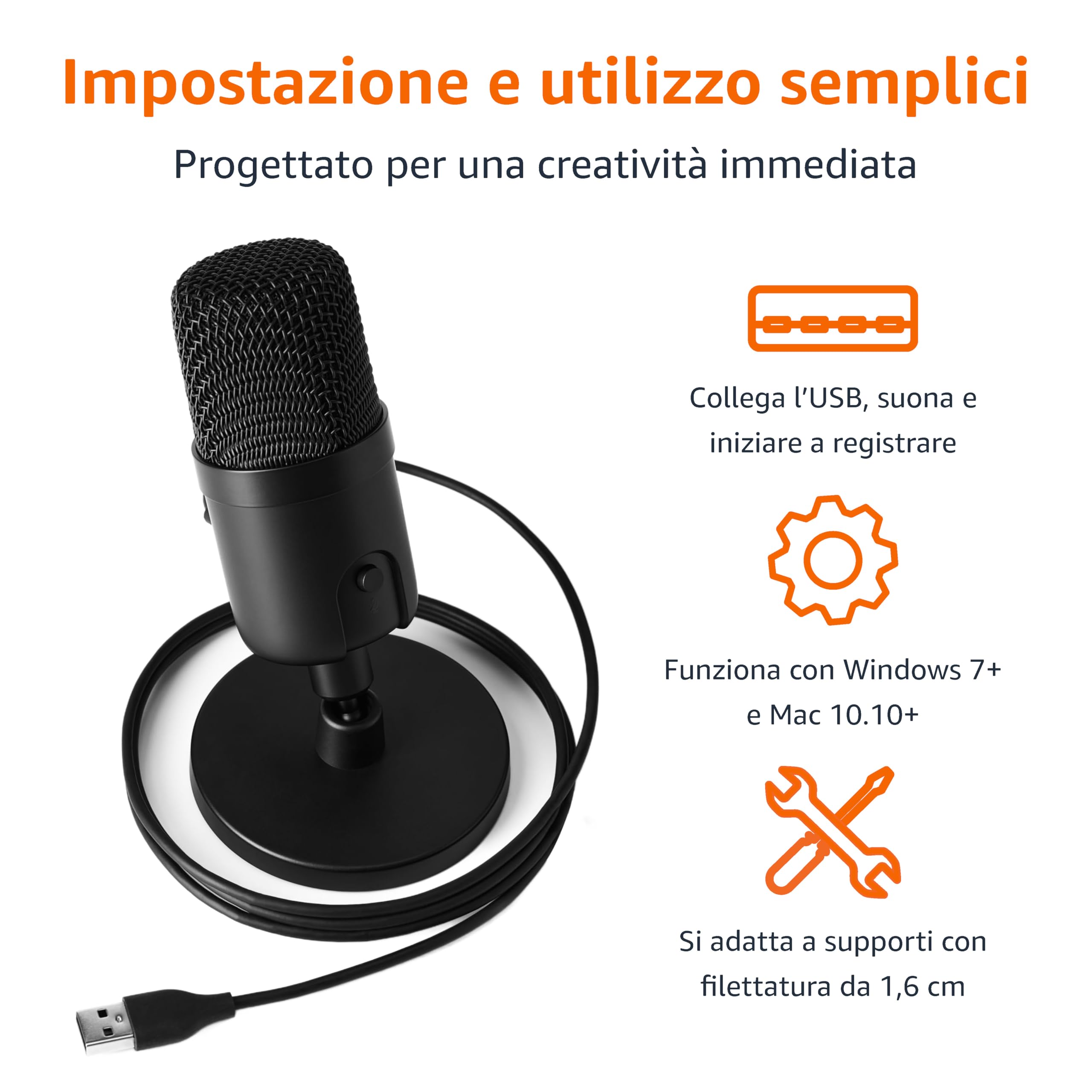 Amazon Basics Mini microfono a condensatore USB per streaming, videogiochi, podcasting con pickup cardioide, 5.8 x 3.4 inches, Nero