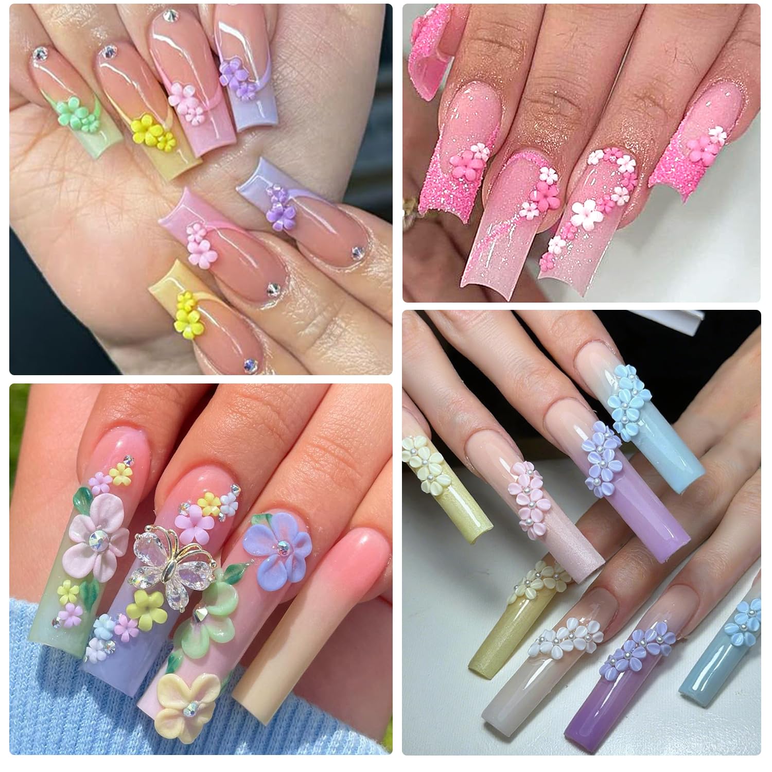 3D Flower Nail Charms, Petal Blossom Decor with Pearls Beads