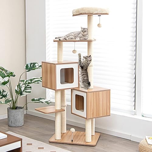 Giantex Árbol para gatos multicapa, torre para gatos de 64.5 pulgadas con postes rascadores de sisal natural, 2 condominios, perca acolchada, cojín