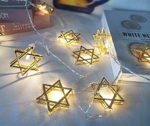 Miniatura 8 de Guirnalda de luces decorativas de estrella de Janucá de 10 pies, 20 luces LED con forma de hexagrama blanco cálido, decoraciones de Hanukkah para el