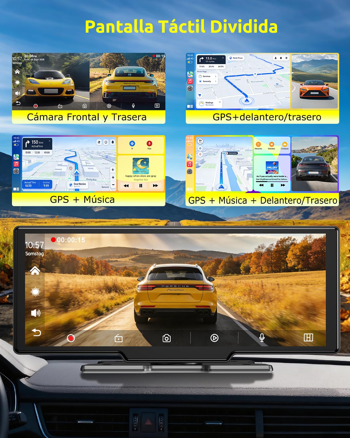 ESSGOO Pantalla Coche 10.26 Pulgadas Carplay y Android Auto Inalámbrico con 4 Sensor de Presión de Neumáticos Cámara Frontal 4K Trasera 1080P,IPS Táctil,Bluetooth,Mirror Link,Control por Voz,64GB TF