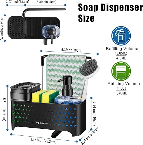 Miniatura 6 de Juego de dispensador de jabón de cocina, soporte de esponja para fregadero de cocina, dispensador de jabón de manos y platos con organizador para