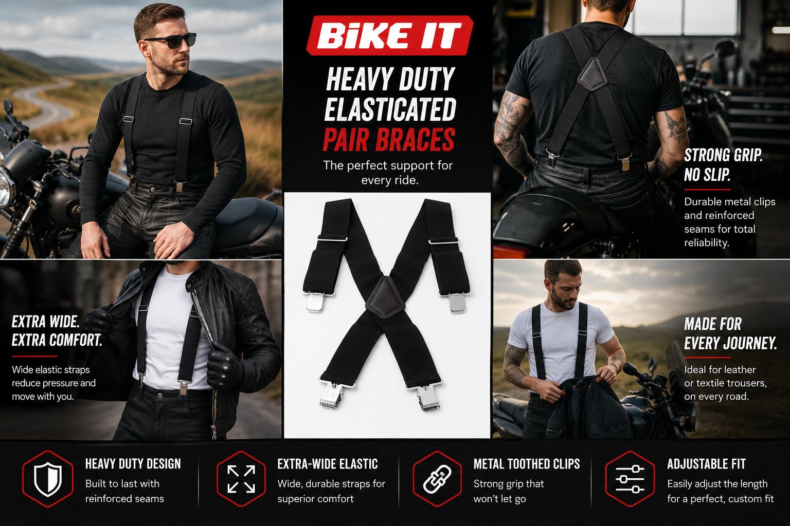BIKEIT HEAVY DUTY ELASTICATED PAIR BRACES Motorbike Biker Rider Braces For Mens Pant Trouser