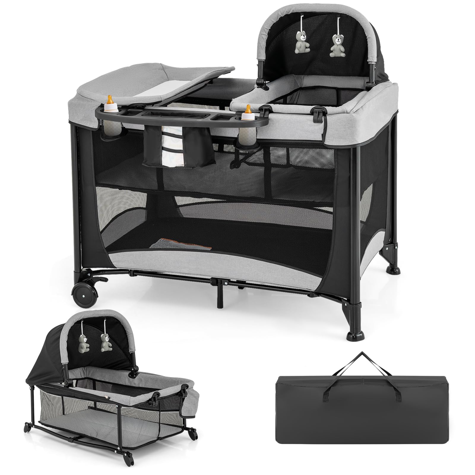 COSTWAY 5 en 1 Lit Parapluie Bébé avec Matelas & Table à Langer, Lit Bébé Evolutif avec Berceau Amovible & 2 Jouets, 2 Roues avec Frein, Sac de Transport, 110x78cm, Charge 10kg pour 0-3 Ans