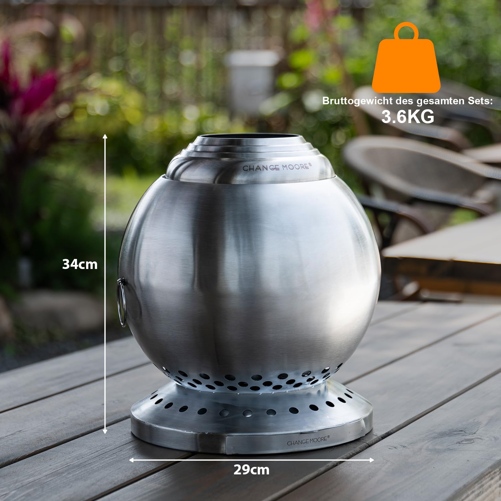 CHANGEMOORE Rauchfreie Feuerschale Ø29cmmit Dreifachverbrennung 150% Effizienz, Kugel-Feuertonne mit Holzvergaser & Aschelade für 360° Wärme, Garten, Terrasse, Camping (Raucharm & Tragbar), Grill