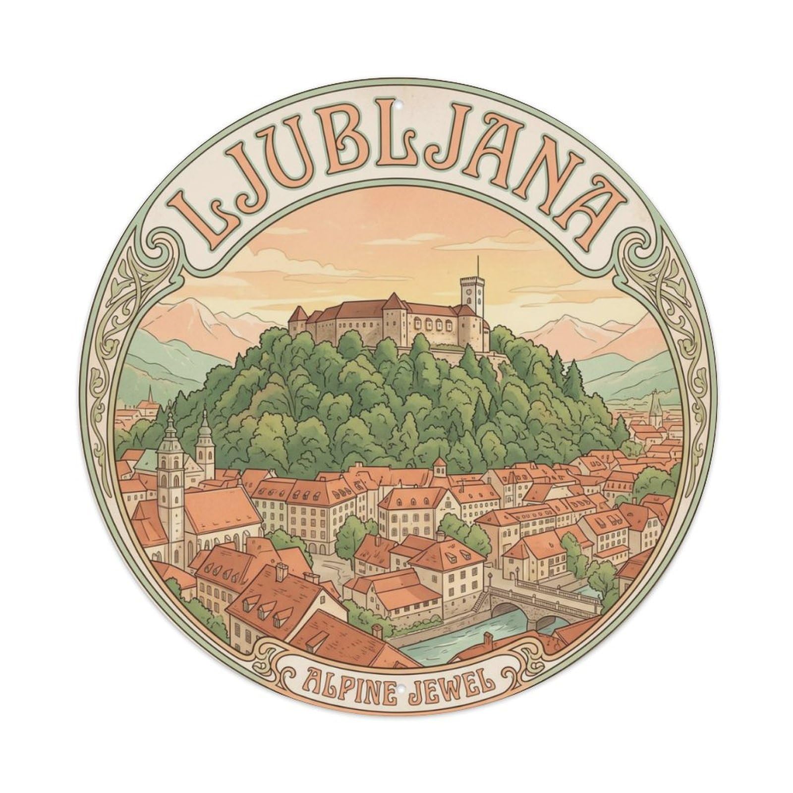 Vintage Travel Castle Ljubljana Slovenia Metal Tin Sign Plaque Wall Decor for Cafe, Club Bar, Office, Home Garden Round Metal Poster 8x8Inch