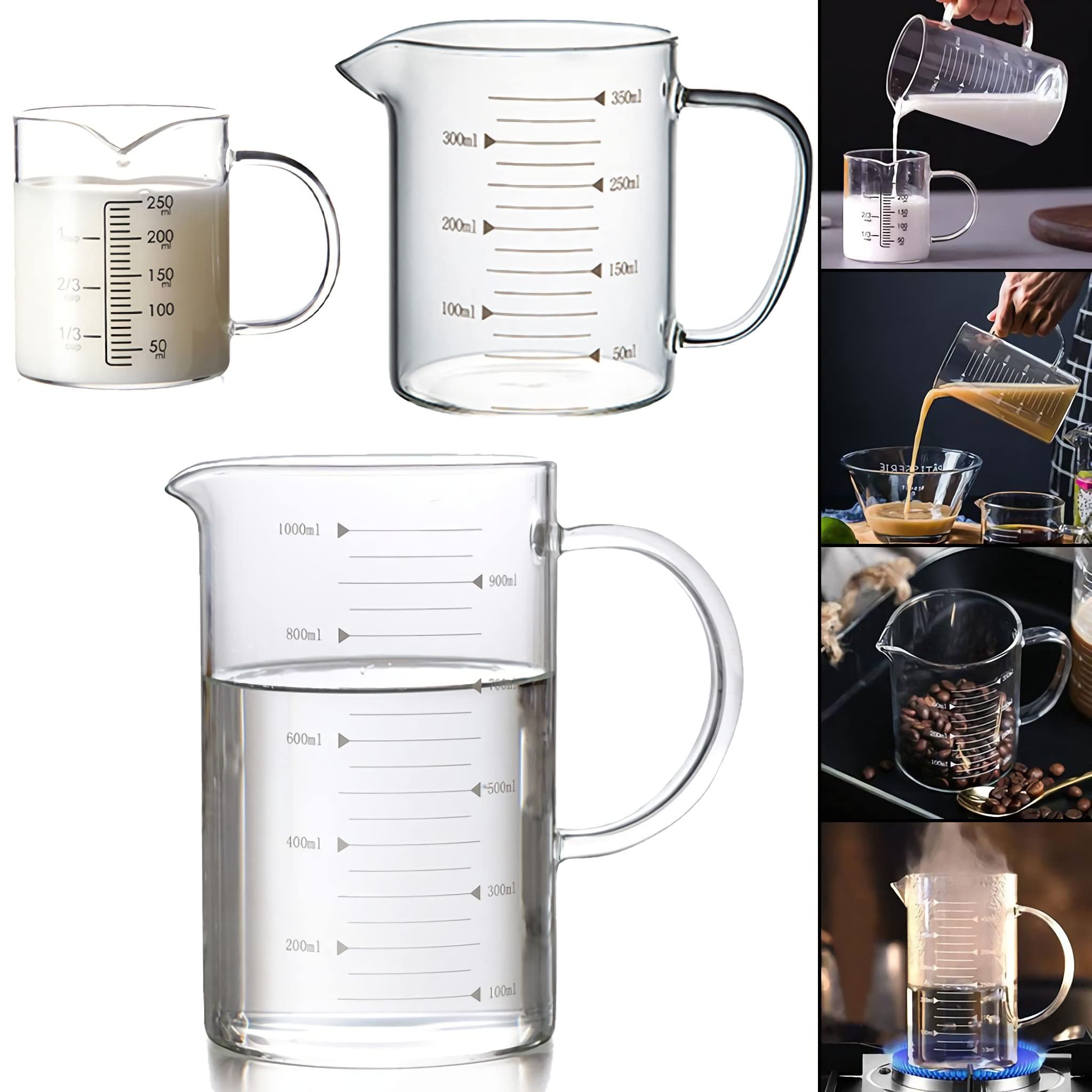 Bicchiere in vetro con manico, caraffa graduata con beccuccio, bicchiere graduato, contenitore per liquidi, bicchieri riutilizzabili per la cucina di casa, caffè, bevande, birra, bicchieri trasparen