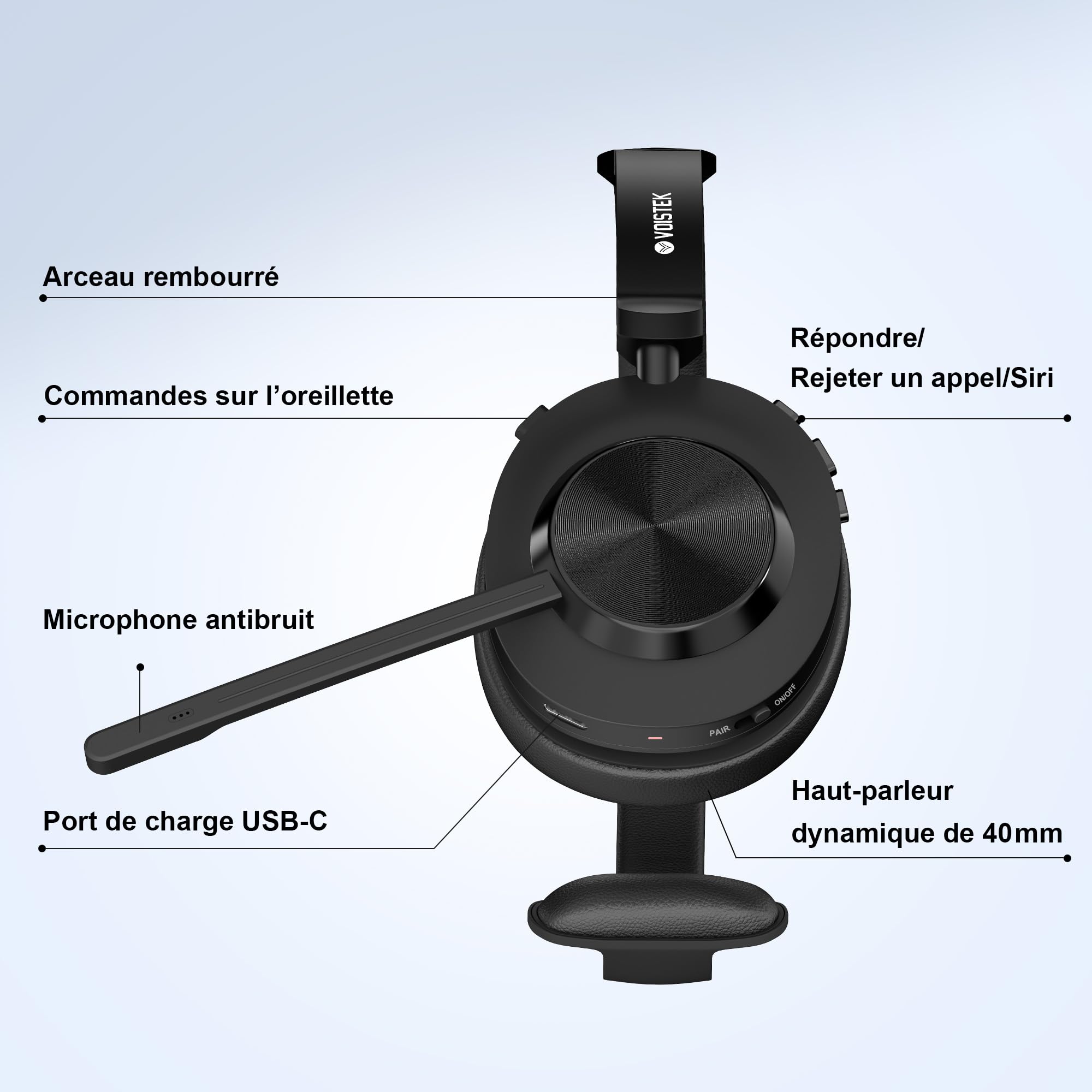 Voistek Casque Bluetooth Sans Fil avec Microphone pour PC/Ordinateur Portable, Léger on Ear, Microphone Réglable à Réduction de Bruit, Casque Audio Sans Fil pour Bureau, Télétravail, Chat, Zoom, Teams