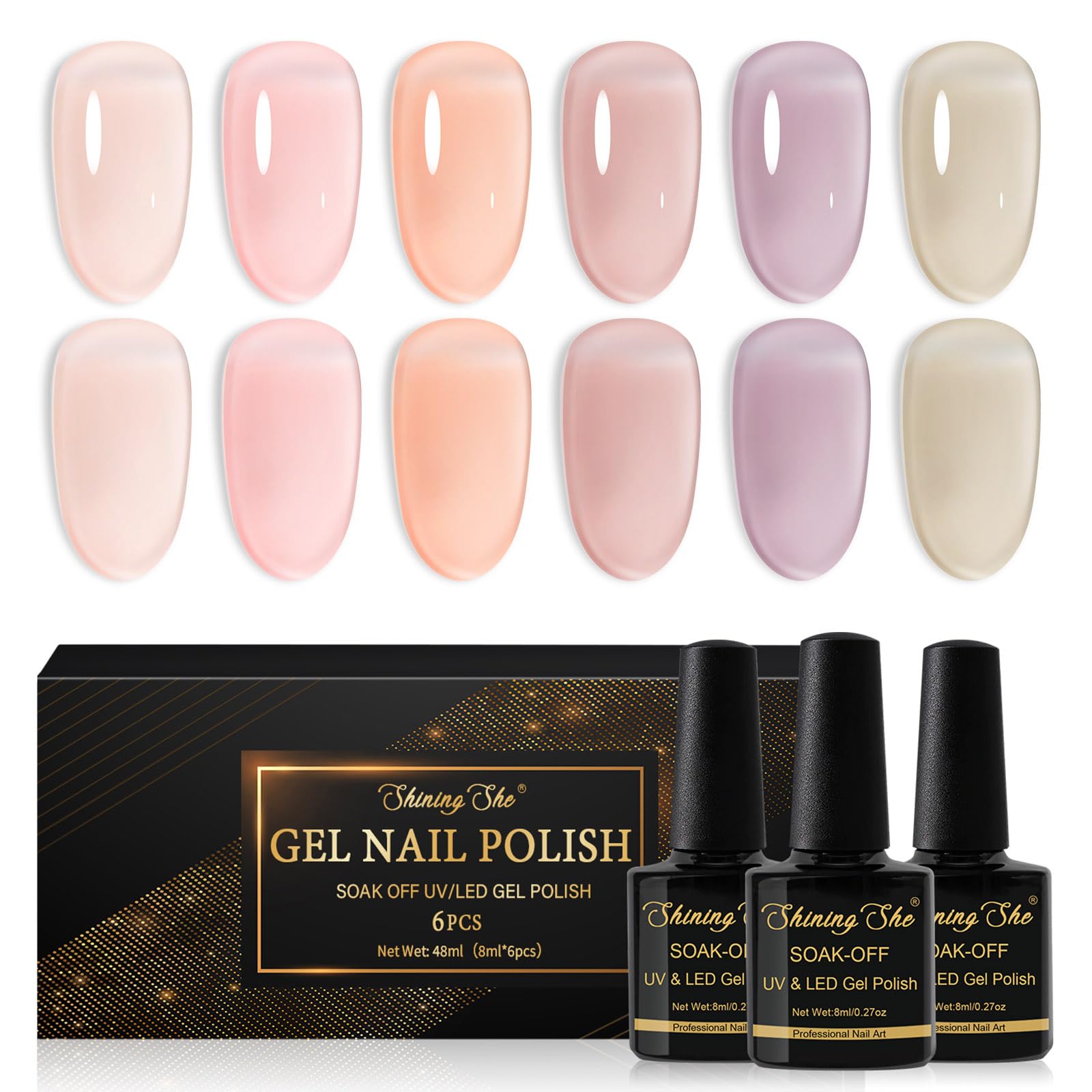 Shining She Esmaltes Semipermanentes de Uñas en Gel, 6 Colores Jelly Transparente Rosa Nude Pintauñas Semipermanentes Soak-Off UV Gel uñas Art Manicure DIY 8ML