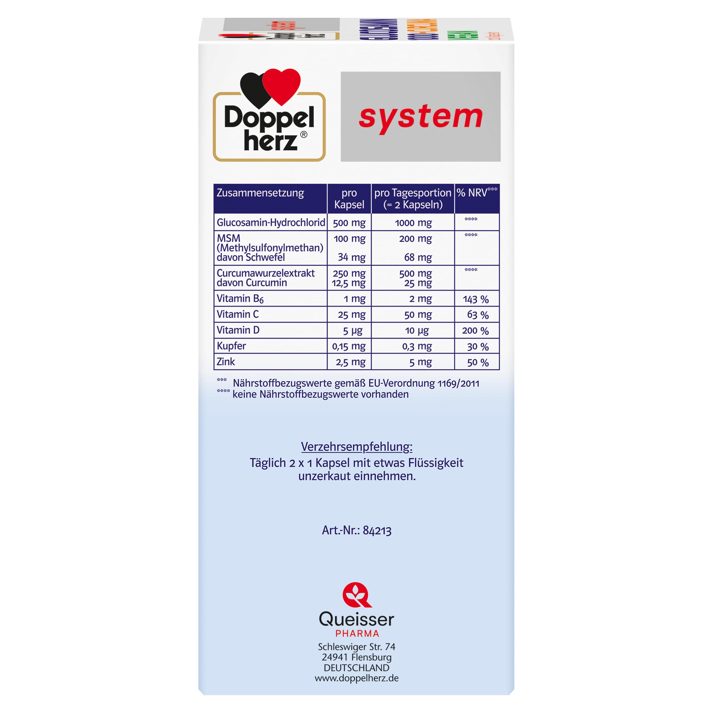 Doppelherz system GLUCOSAMIN 1000 + CURCUMA VEGAN – Vitamin C trägt zur normalen Kollagenbildung für die normale Knorpel- und Knochenfunktion bei – 120 Kapseln
