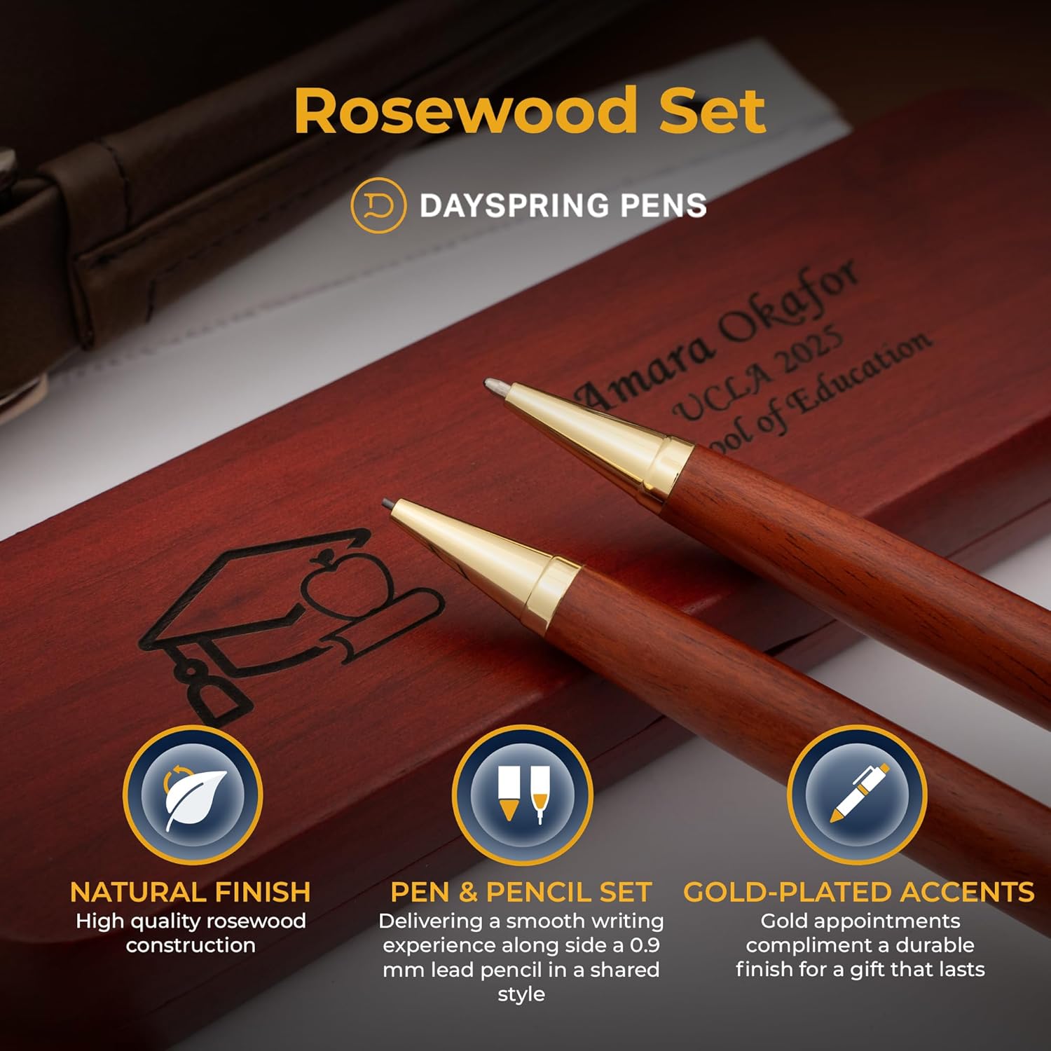 Personalized Rosewood Teacher Graduation Pen and Pencil Set, Graduation Cap and Apple Emblem, Engraved Gift for Education, Student Teaching, and New Teacher Graduation, Gift Case Included