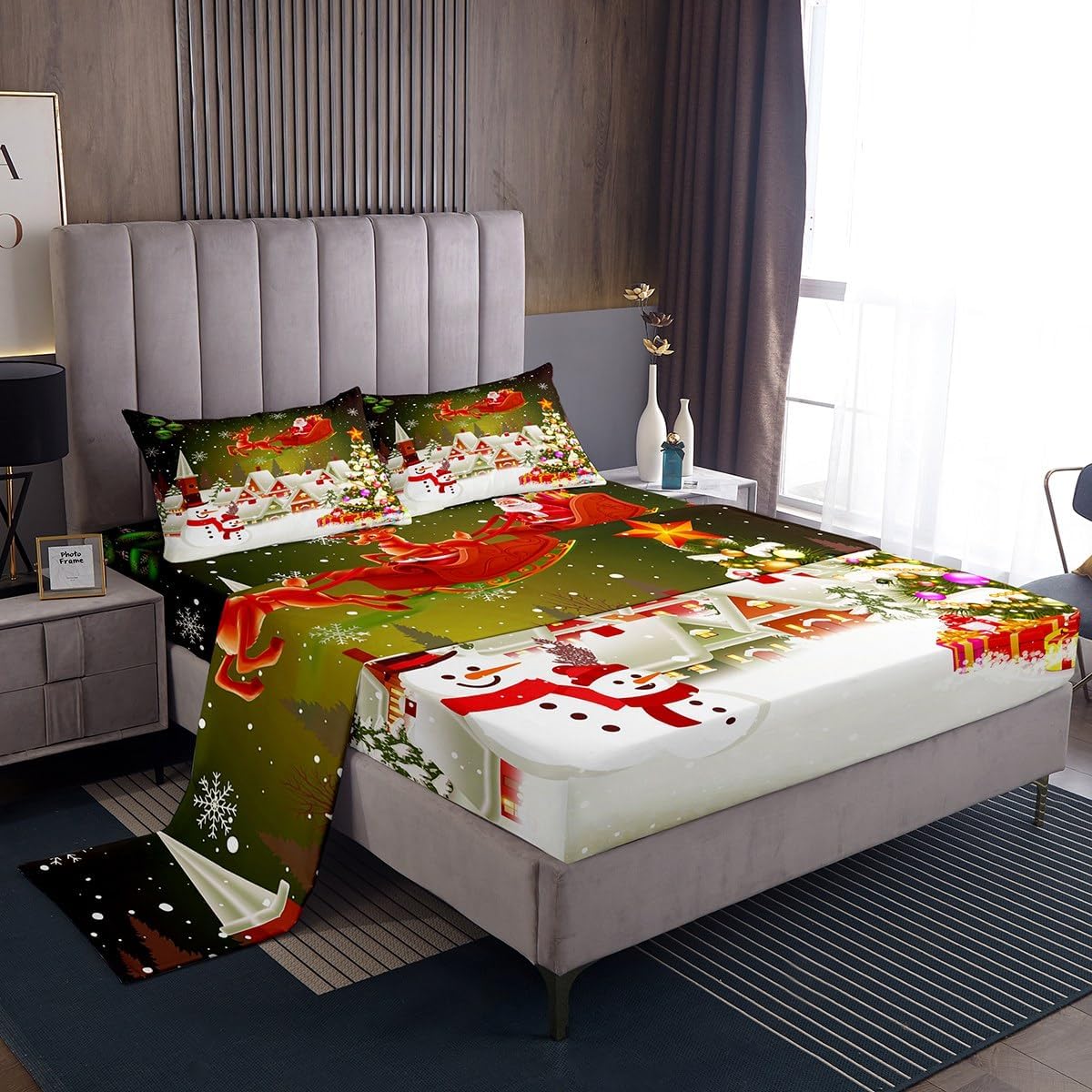 Manfei Christmas Sheet Set King Size, Xmas Tree Snowman Bed