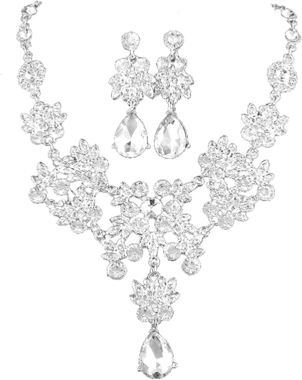 Nameilisha Silver Alloy Rhinestone Earrings Crystal Pendant Necklace Bridal Jewelry Set