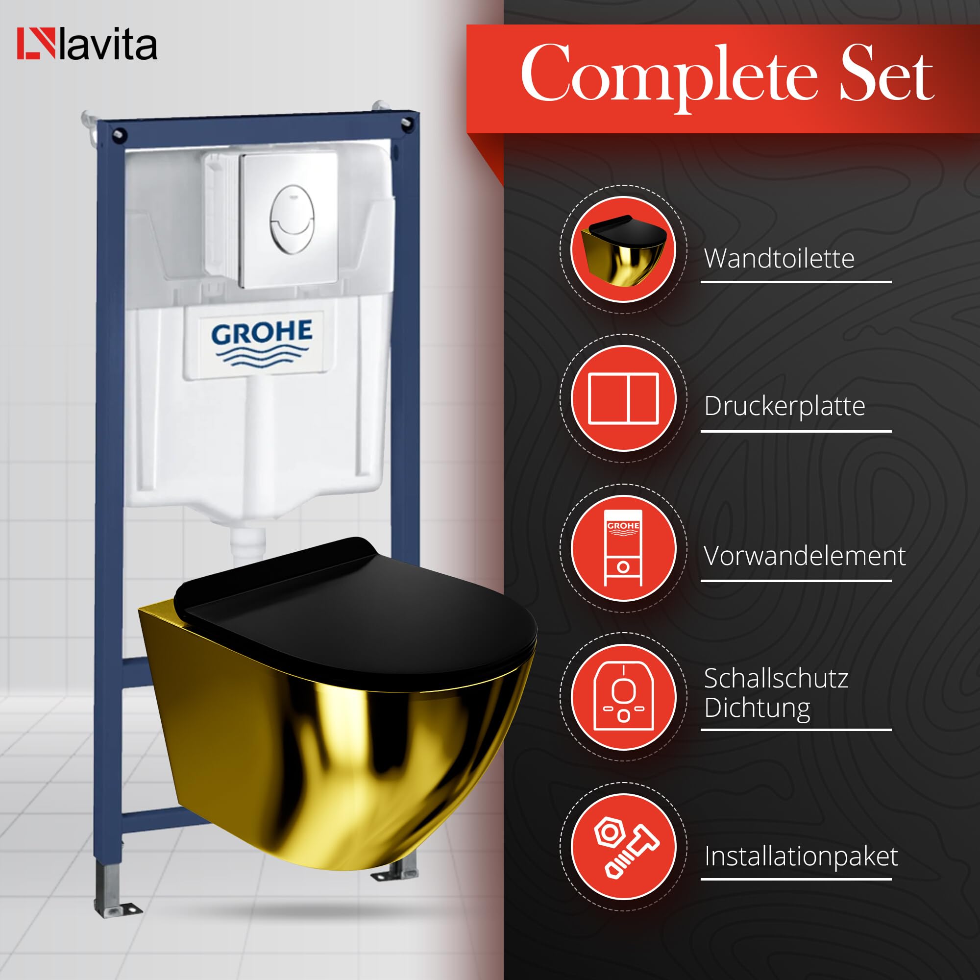 Lavita Vorwandelement Solido Start + Wand Hänge WC Sofi Slim Gold/Black Spülrandlos + WC Sitz mit Absenkautomatik Verchromter Knopf Komplettset Unterputz Spülkasten Toilette Komplett Sett WC