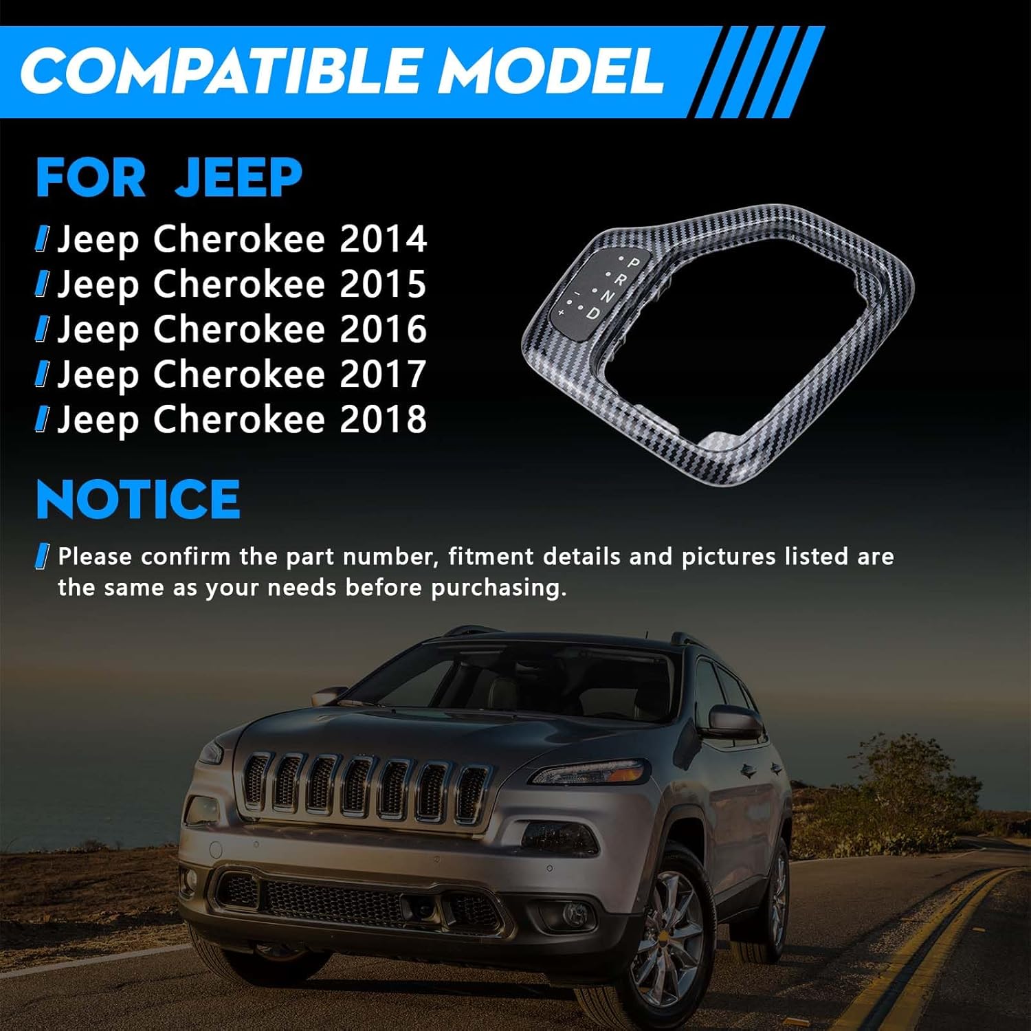 Upgrade Transmission Shifter Bezel with Harness Kit Compatible With Jeep Cherokee 2014 2015 2016 2017 2018 Replace # 601-401 5YD27LS5AA 68413957AA(Carbon Fiber)