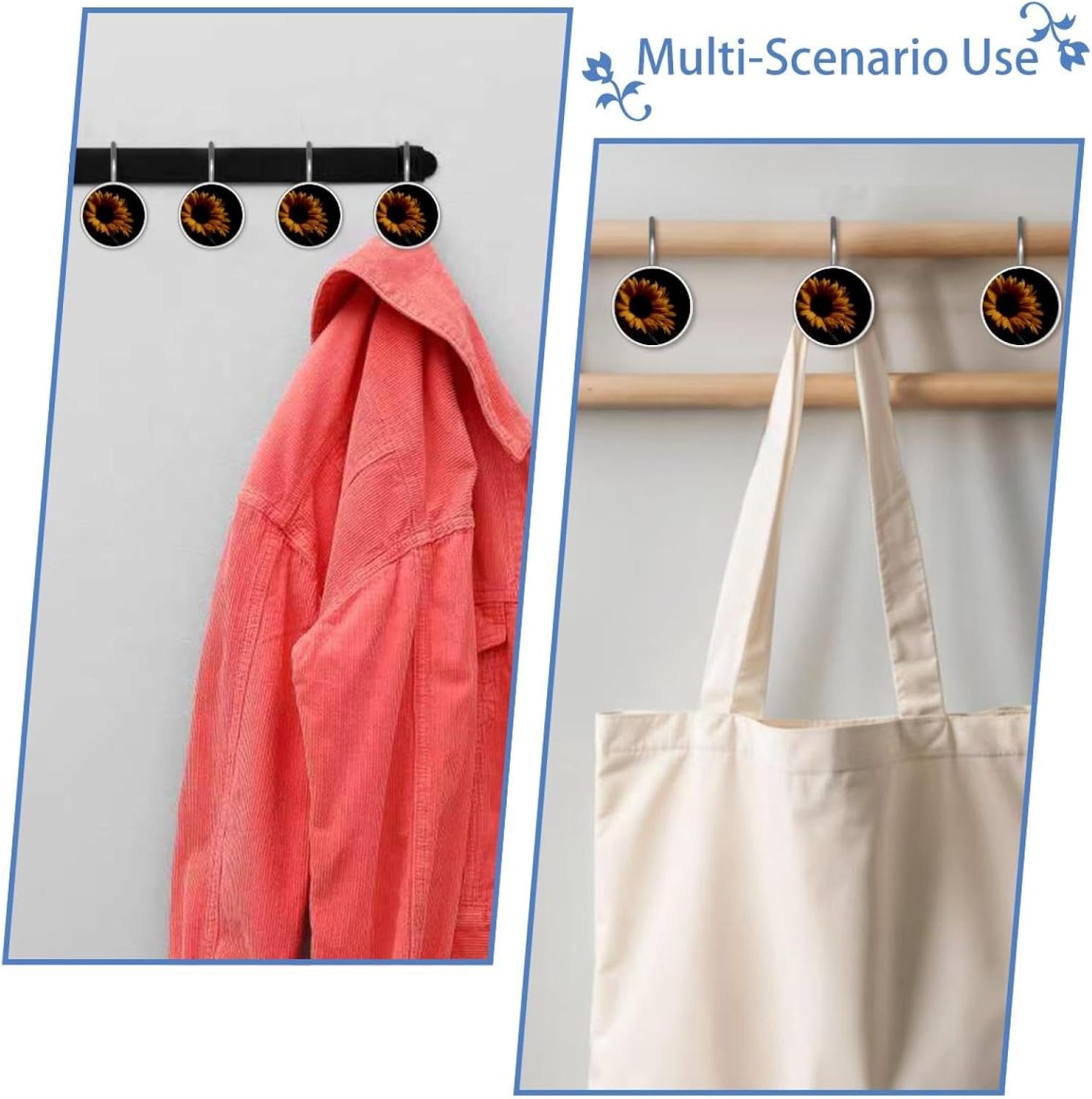 Shower Curtain Rings, Stainless Steel Glass Resin Shower Curtain Rod Hooks, Sunflower Flowers Dark Color Background Curtain Rod Hooks for Bathroom, Bedroom, Farmhouse Decor, Set of 12