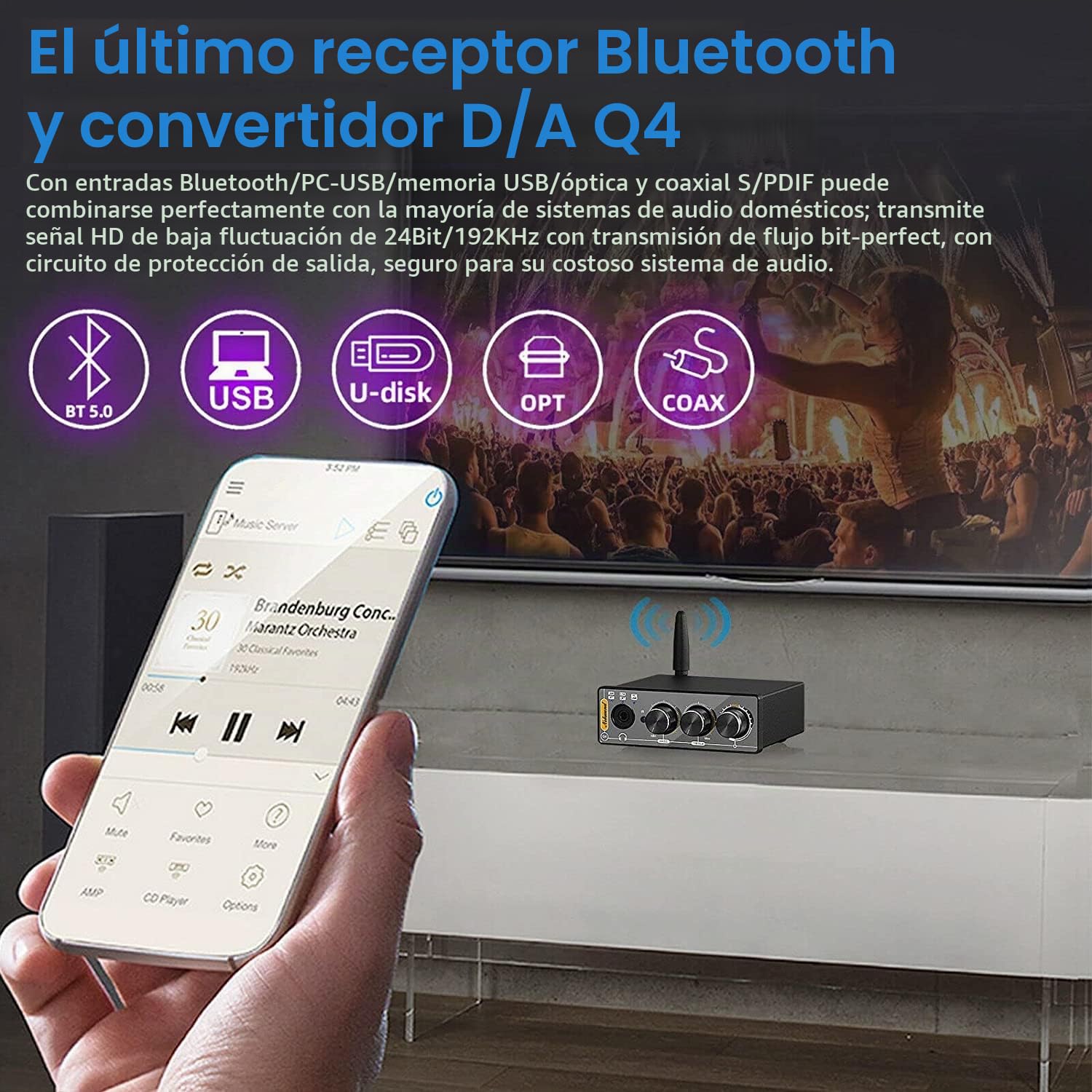 Nobsound Q4 Mini Bluetooth 5.0 Receptor Estéreo USB DAC Conversor Digital Analógico Reproductor de Música