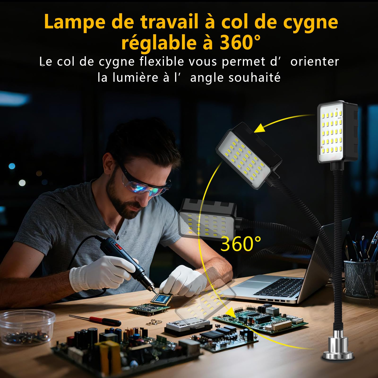 Lampe de travail magnétique, LED 15W 6000K pour machine, avec col de cygne flexible et base magnétique puissante, pour établi, couture, tour, barbecue, atelier, éclairage industriel