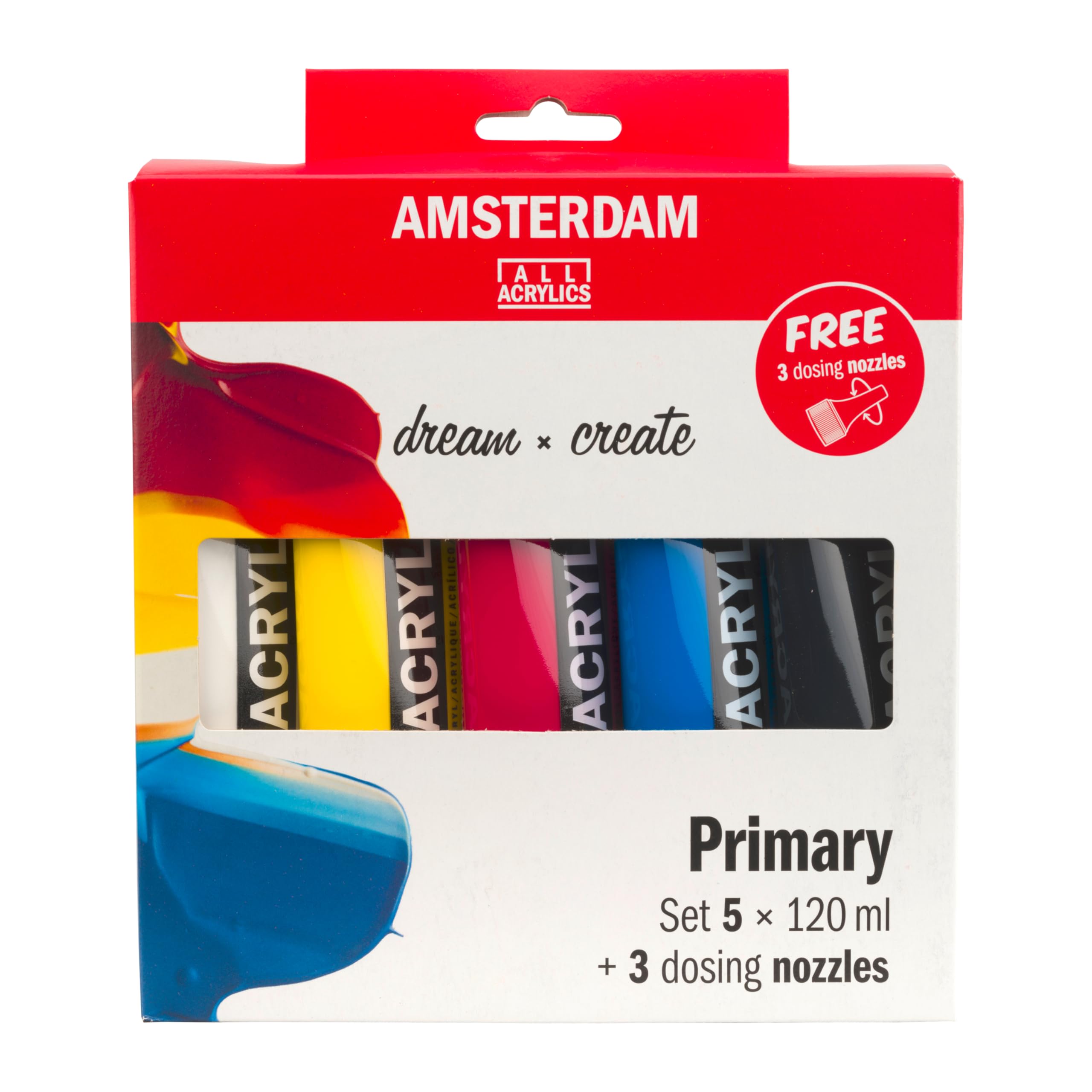 Talens AMSTERDAM - Juego de pintura acrílica para principiantes, incluye 3 puntas dosificadoras, 5 x 120 ml, pintura acrílica