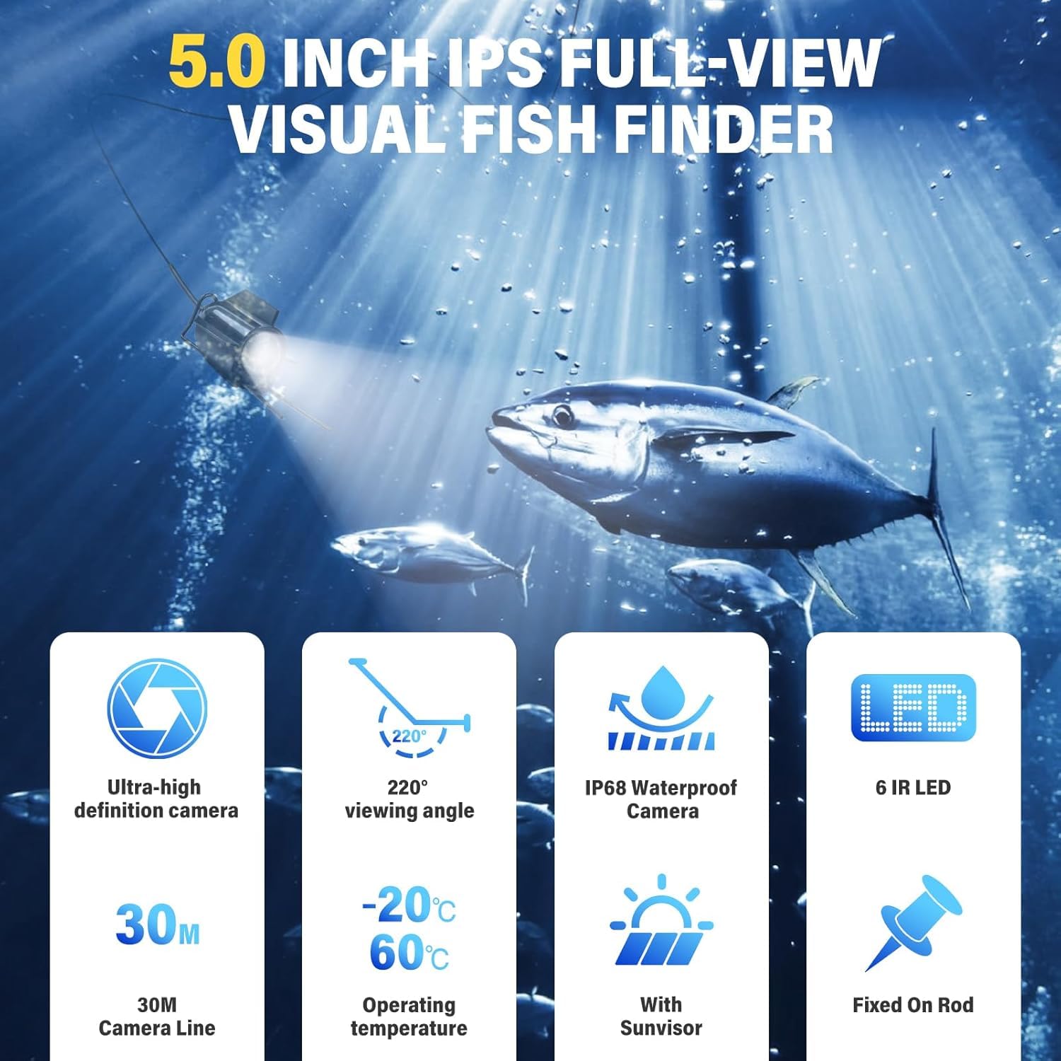 Fishfinder Caméra sous-Marine pour la pêche, Vision Nocturne Infrarouge, Grand Angle, hôte IP65 étanche, avec écran IPS de 5 Pouces pour Glace, rivière et Bateau