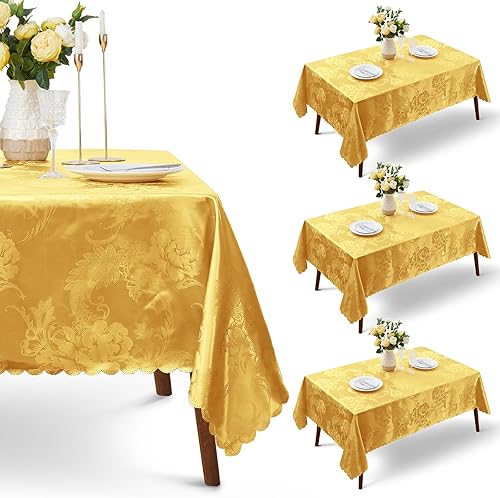 KKJIAF Paquete de 4 manteles jacquard de satén dorado de 60 x 102 pulgadas, mantel rectangular de damasco con patrón de peonía, mantel de satén de disponible en Yaxa Peru