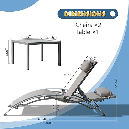 Miniatura 2 de Domi - Juego de 3 sillas de piscina, tumbonas ajustables de aluminio para exteriores con mesa auxiliar de metal, para todo tipo de clima, para
