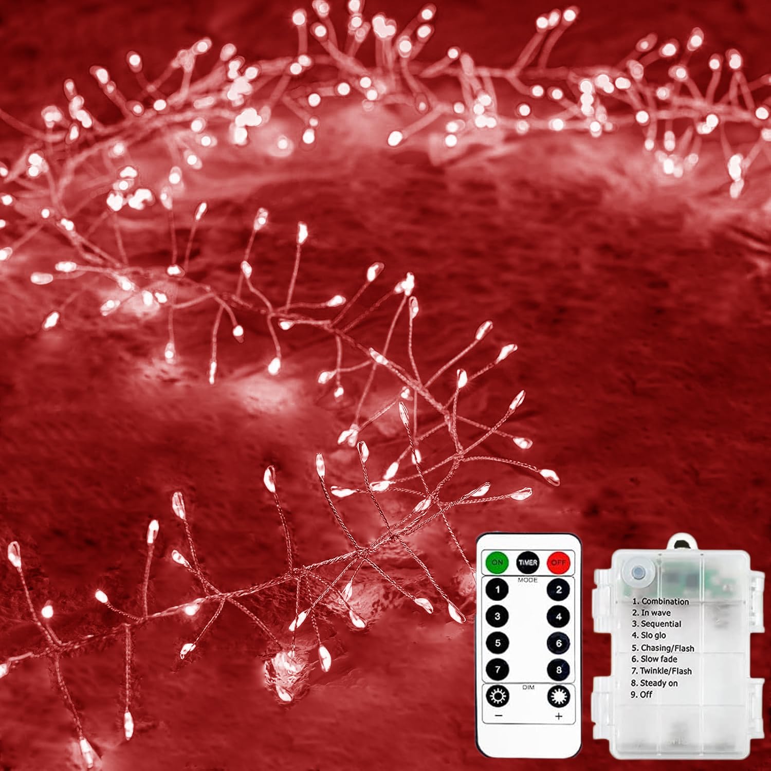 KINGCOO Cluster Fairy Lights with Remote Timer, 3M 100LED Silver Wire Firecracker Garland String Lights Battery Operated 8Mode for Outdoor Indoor Bedroom Wedding Christmas Party Decoration (Red)