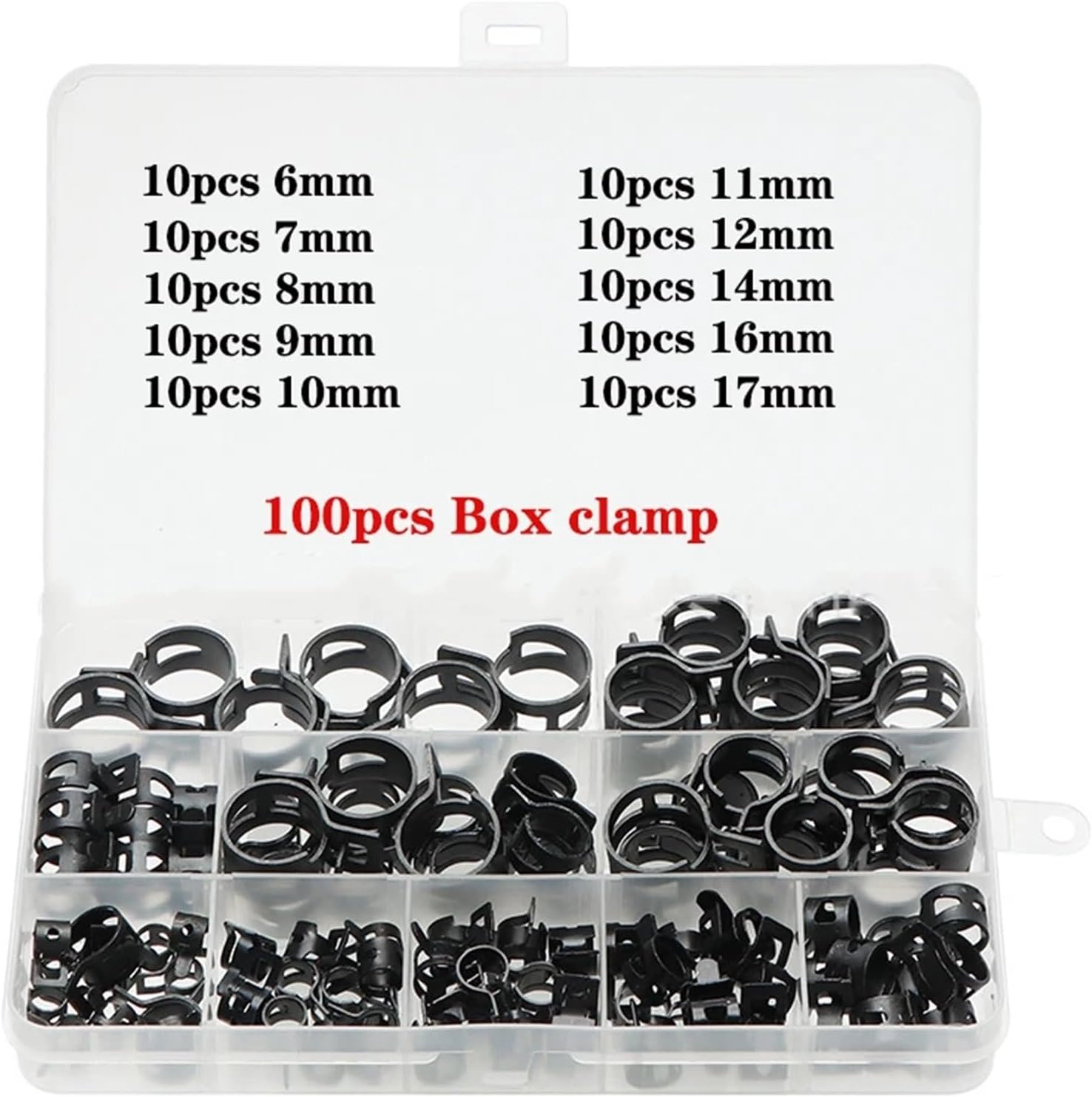 100Pcs/Set 6-17/6-22mm Black Q673B Vacuum Spring Fuel Oil Water Hose Clip Pipe Tube for Band Clamps Metal Fastener Assortment Kit(100pcs 6-22mm)