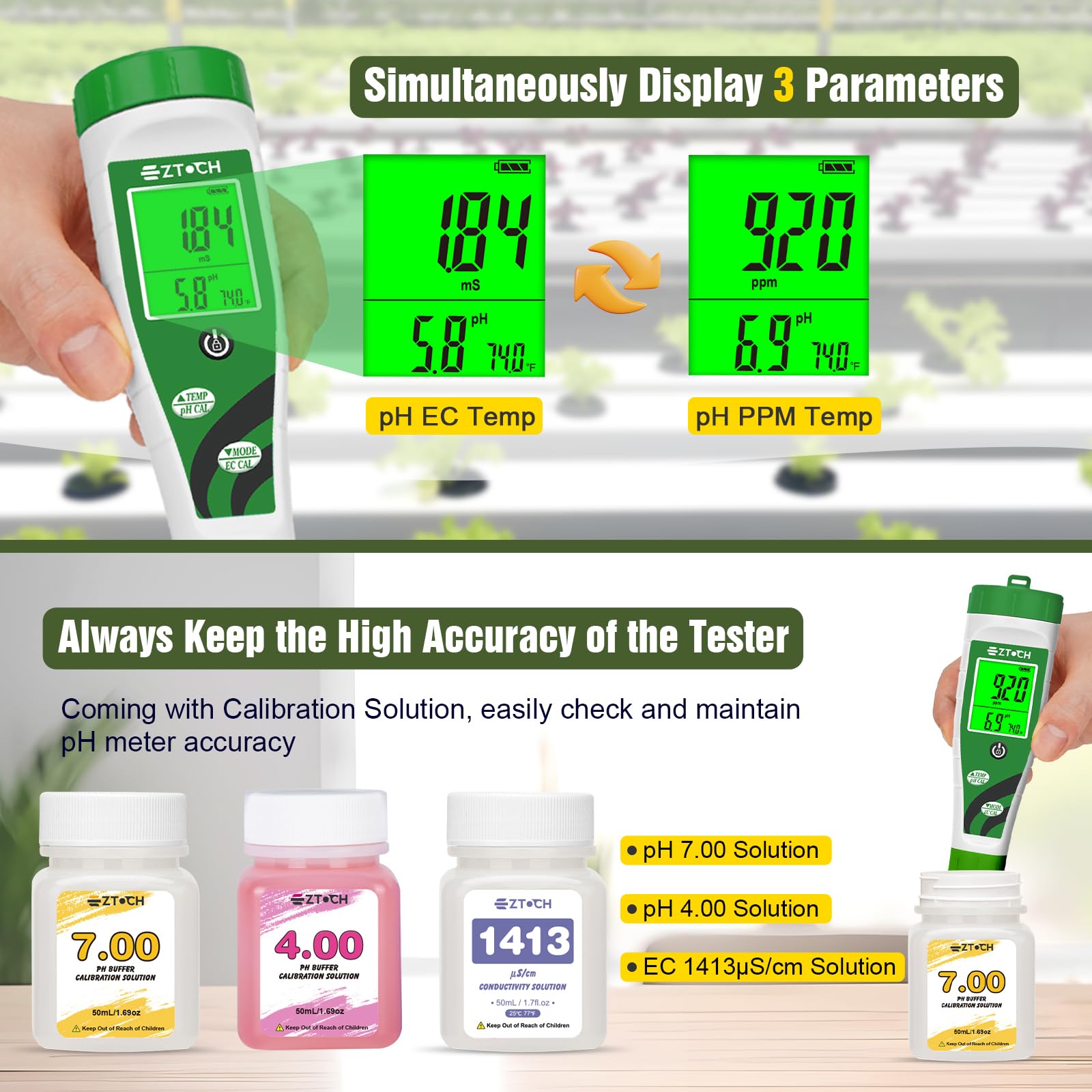 pH-EC-Messgeräte für hydroponische, pH-EC PPM-Messgeräte mit gleichzeitiger Anzeige für Reservoir-Nährlösung, pH-TDS-Messgeräte für Wasserhydroponie-DWC-Systeme, Messleitfähigkeit für Aquaponik