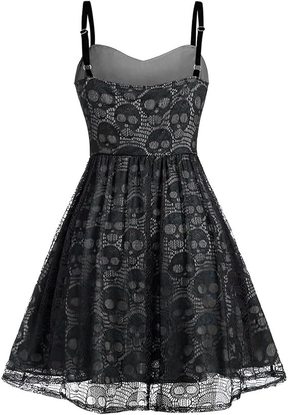 Women's Punk Dress Halloween Gothic Steampunk Dress Skull Print Lace Swing Dress Spaghetti Strap Mini Dress