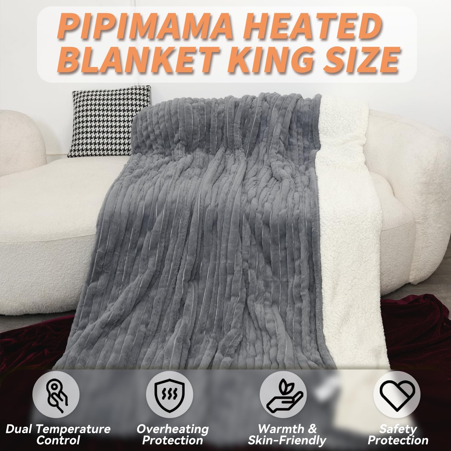 Heated Blanket King 90" x 100" Faux Fur & Sherpa Electric Blanket King Size with 10 Heating Levels & 1-12 Hours Auto Off, Soft Cozy Heating Blanket Machine Washable, Grey - Image 4