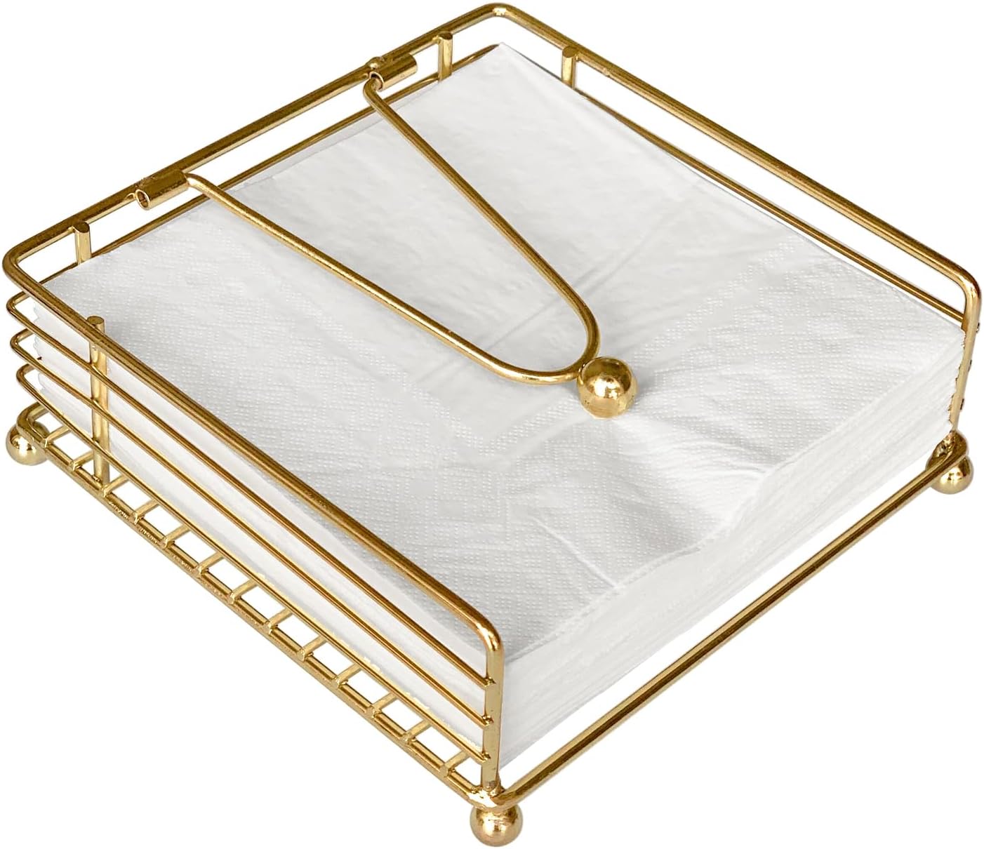 hiwafifi Napkin Holder for Table, Flat Napkin Dispenser with Weighted Arm, Square Cocktail Paper Holder of Elegant Rustic Iron for Kitchen Dining Room Decor Restaurant Farmhouse Hotel Party, Gold