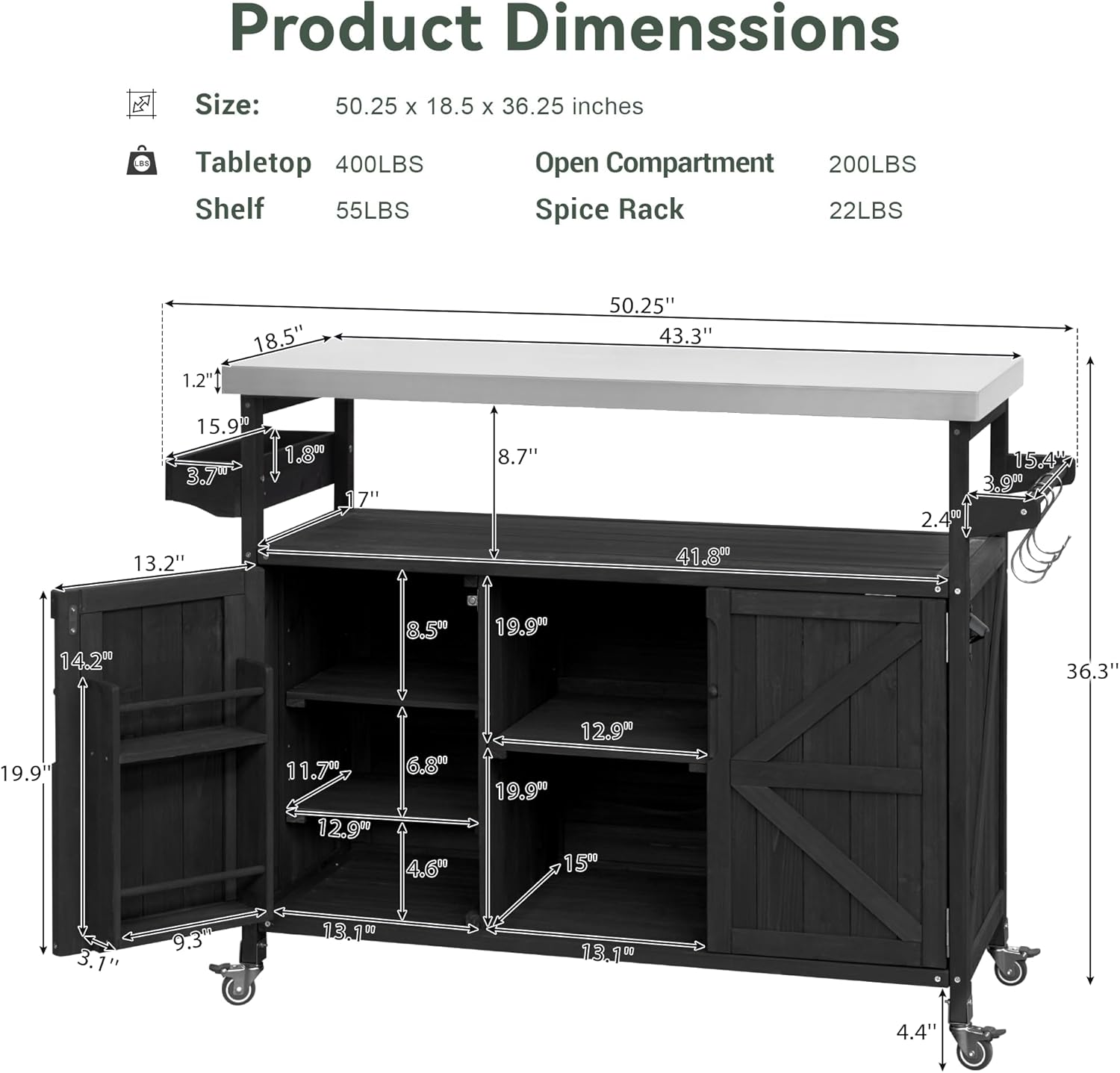 50.25" W Grill Cart with Stainless Steel Tabletop - Outdoor Storage Cabinet for BBQ, Bar Patio Kitchen Island with Ample Storage and Lockable Wheels