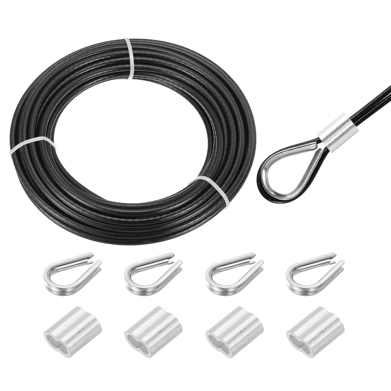 QUARKZMAN 33ft Cavo In Acciaio Inossidabile 304, 6mm (1/4") Rivestito In Vinile Con 4 Manicotti In Alluminio E Girella Per Ringhiere, Decking, Appendere, Stendibiancheria, Nero 10m