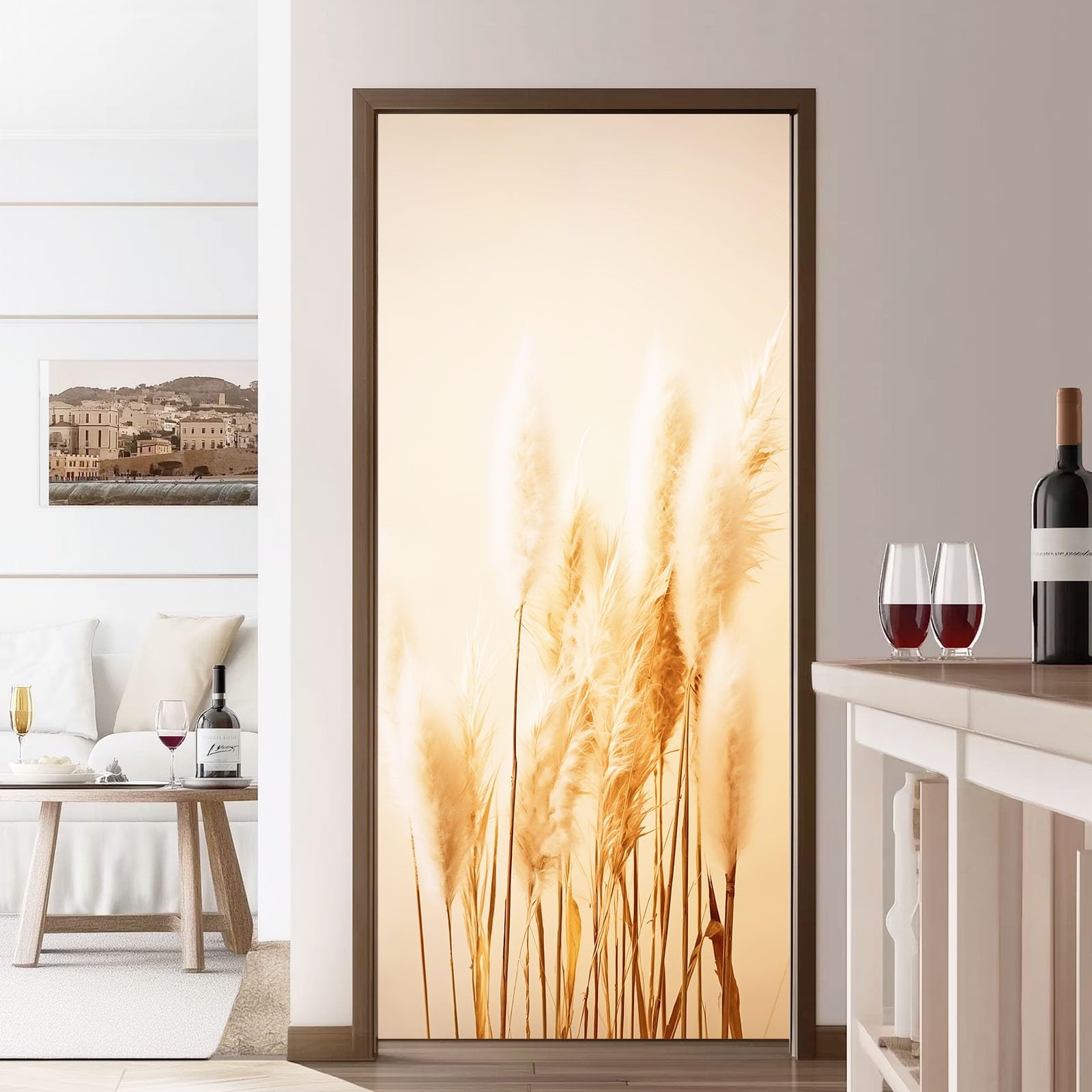 Autocollant Porte 77 x 200 cm Poster de Porte Stickers Muraux, Nature Plantes Herbe De La Pampa Photographie Beige - pour Décoration Mur Salon Cuisine Chambre Salle de Bain Papier