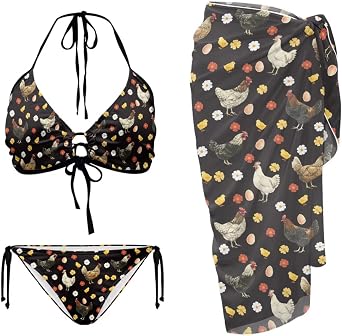 Womens 3 Piece Triangle Bikini Halter Swimsuit Set Thong Bathing Suit Swimwear with Beach Cover Up Wrap