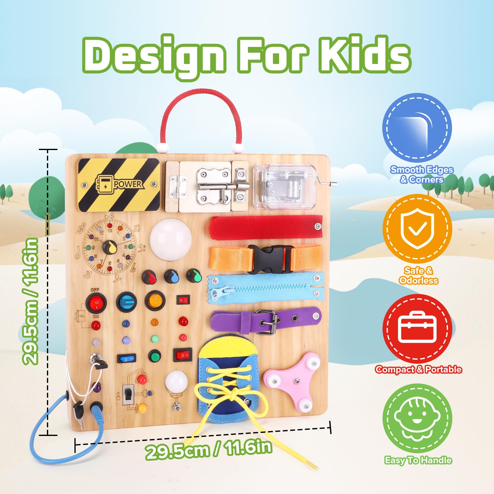 Hoarosall 23 in 1 Busy Board Montessori Toys from 1 year Activity Board Wooden Toy With 15 Switches, 26 LED Lights - Image 4