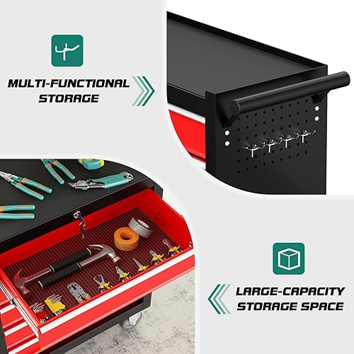 Miniatura 6 de Caja de herramientas con ruedas de 5 cajones, caja de herramientas rodante con ruedas, caja de herramientas con sistema de bloqueo con llave y Rojo-