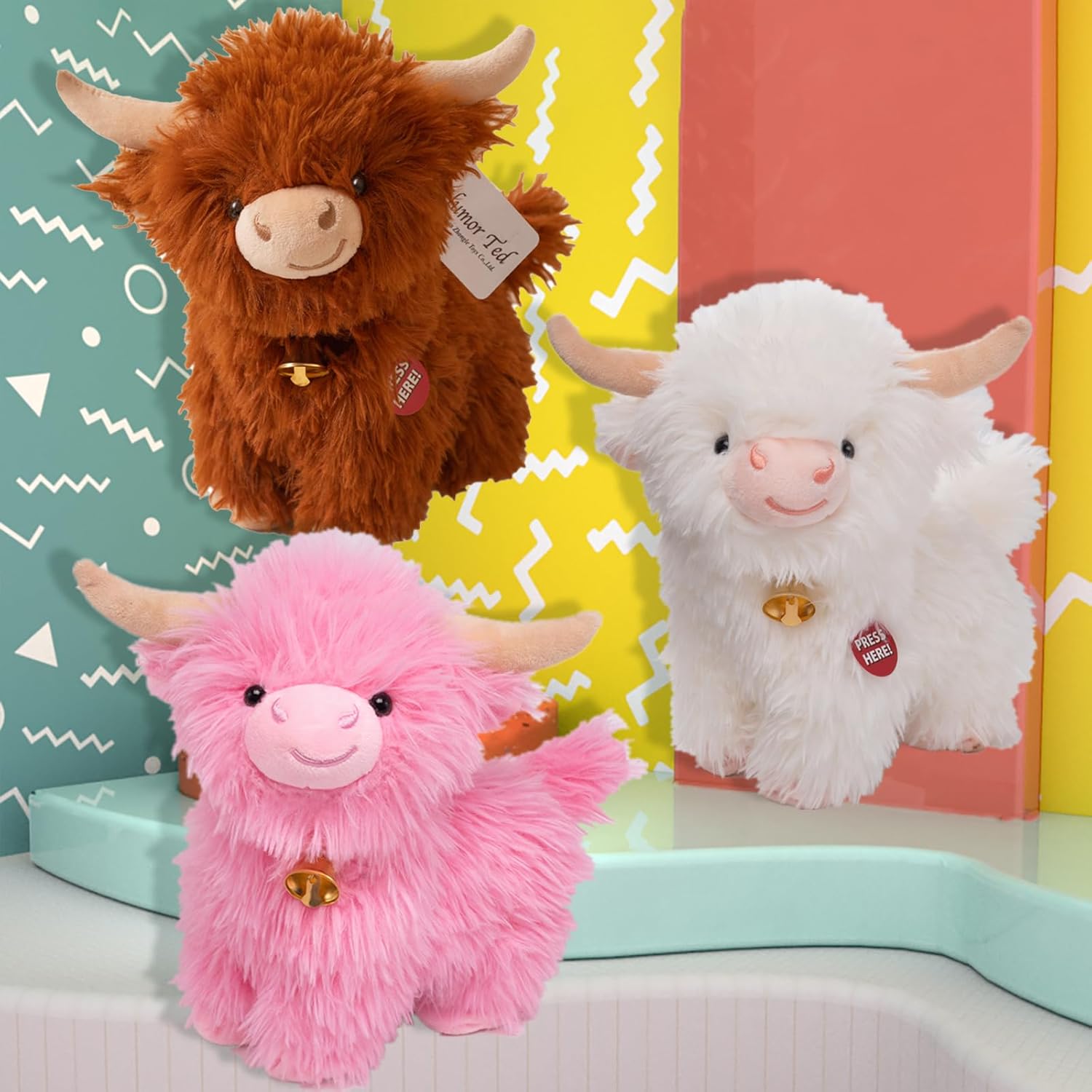 Crazy Dancing Singing Funny Highland Cow Stuffed Animals, Interactive Scottish Highlander Cattle Musical Valentines Day Plush Toys That Can Spin While Playing Songs A Gift for Kids Easter Birthdays
