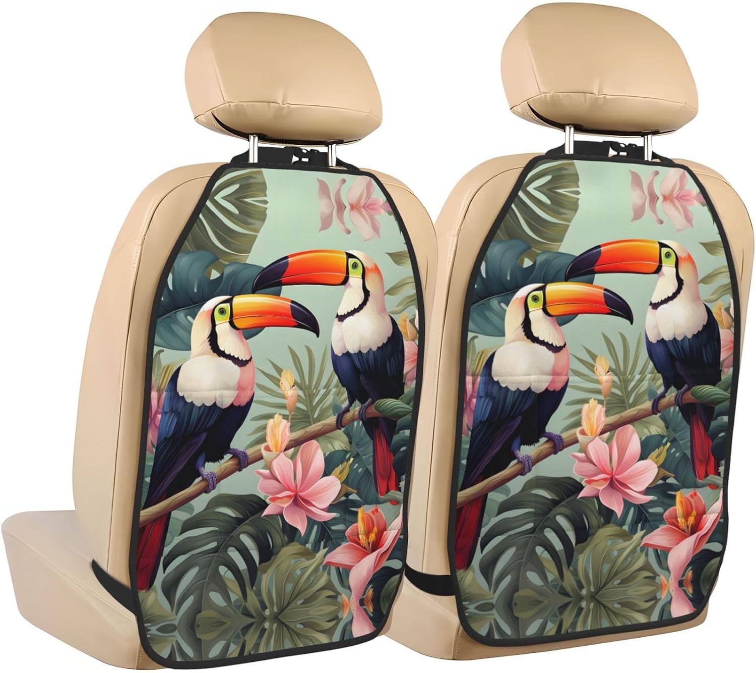 Car Seat Back Kick Protector 2 Pack 18.5x26.4 Inch, Tropical Toucan Hibiscus Anti-Kick Pad, Waterproof Oxford Fabric Large Rear Seat Cover for Kids Pets Fits SUV Jeep Truck Sedan