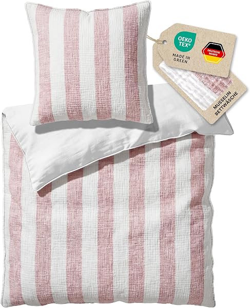 Pure Label Musselin Bettwäsche 135x200 Baumwolle, gestreiftes Bettwäsche Set Mauve mit Kissenbezug 80x80, anschmiegsame Baumwoll-Rückseite - 1