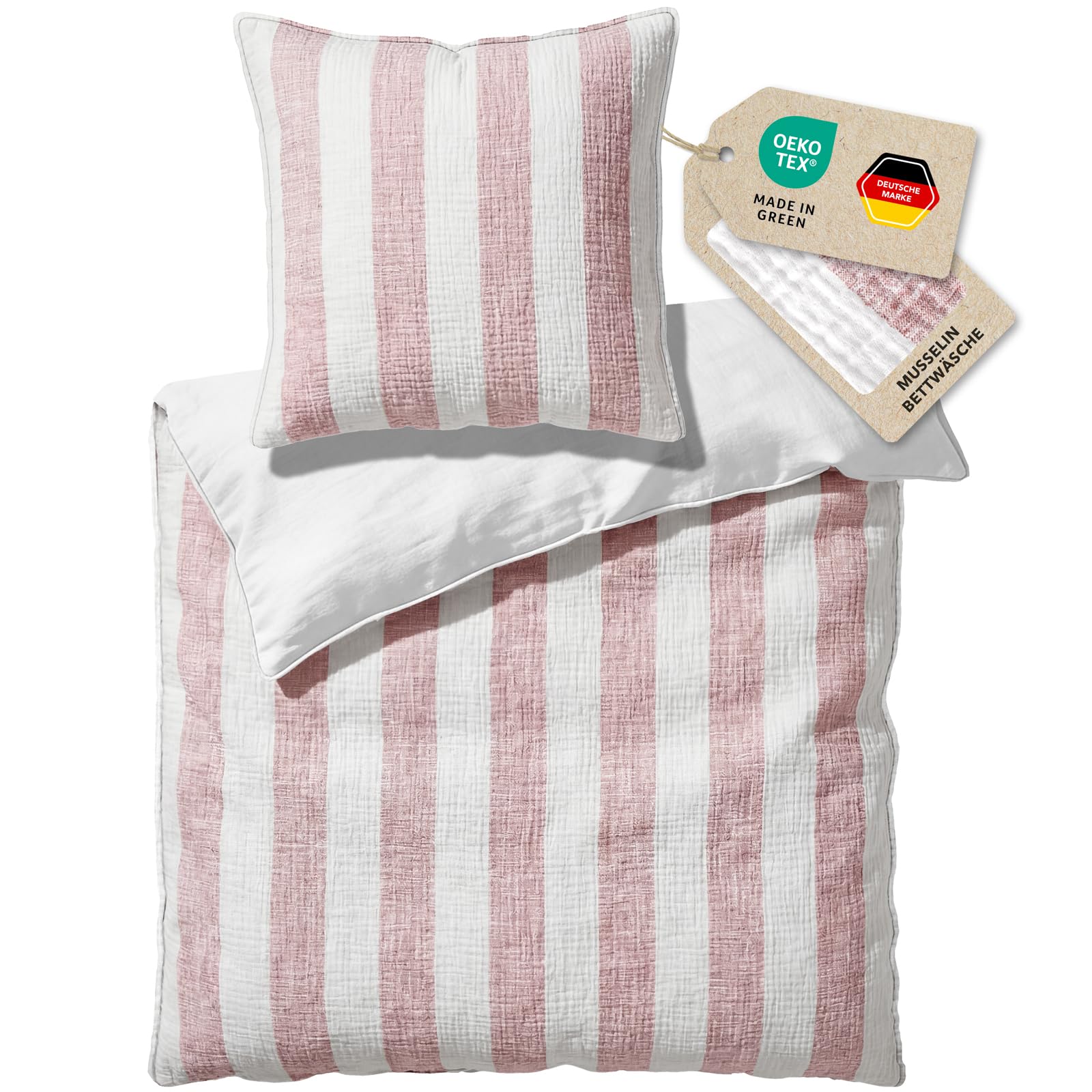 Pure Label Musselin Bettwäsche 135x200 Baumwolle, gestreiftes Bettwäsche Set Mauve mit Kissenbezug 80x80, anschmiegsame Baumwoll-Rückseite - 1