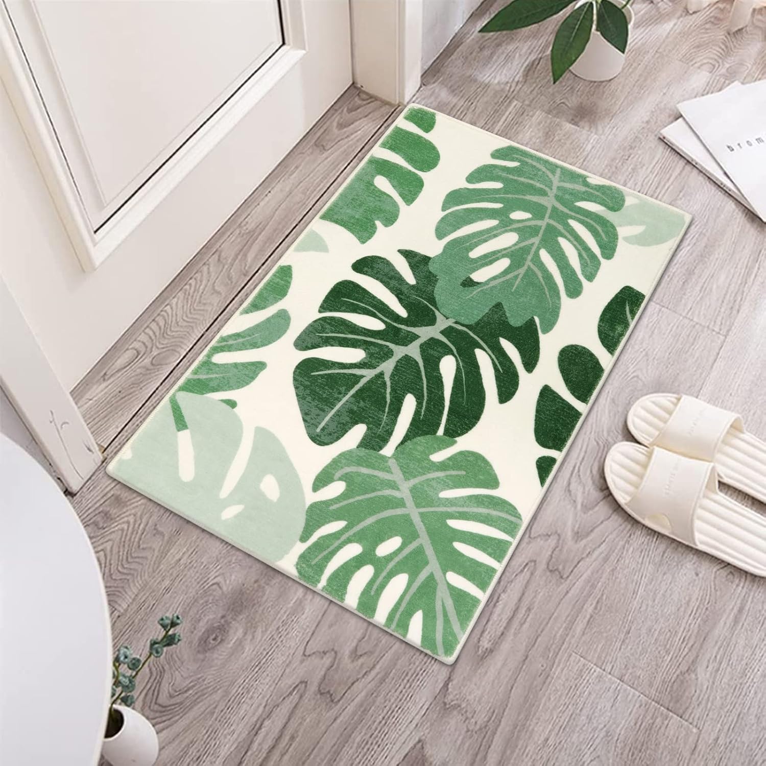 Lukinbox Green Bathroom Rugs Non Slip, Cute Washable Bath Rugs Mat, Small Leaf Bathroom Mat Soft Plant Area Rug for Indoor Shower Bathtub, 20"x31"