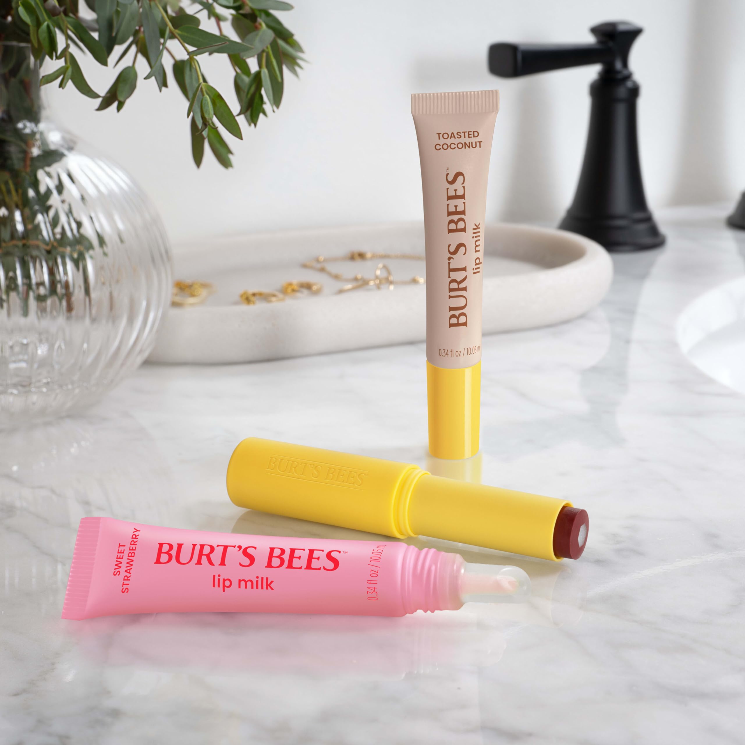 Burt’s Bees Lip Milk, Daily Lip Moisturizer, Sweet Strawberry, Vitamin Enriched Moisturizing Lip Balm with Almond Milk and Jojoba Oil, Hydrating for Softer Lips, 1 Tube, 0.34 Fl Oz