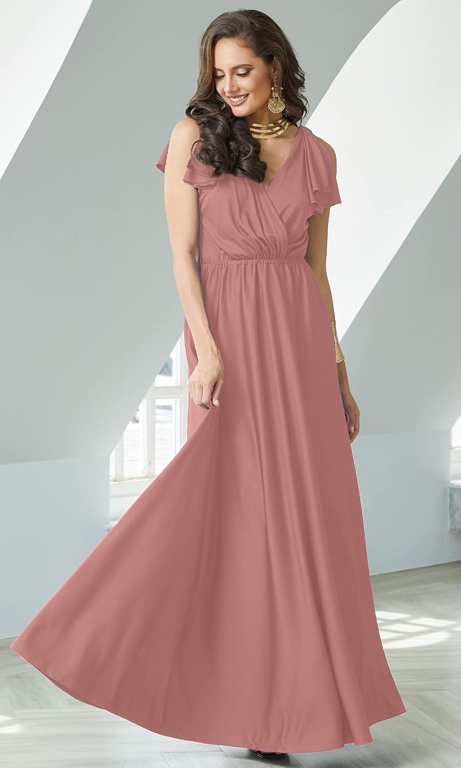 KOH KOH Womens 2025 Long V-Neck Ruffle Sleeveless Bridesmaid Prom Gown Maxi Dress