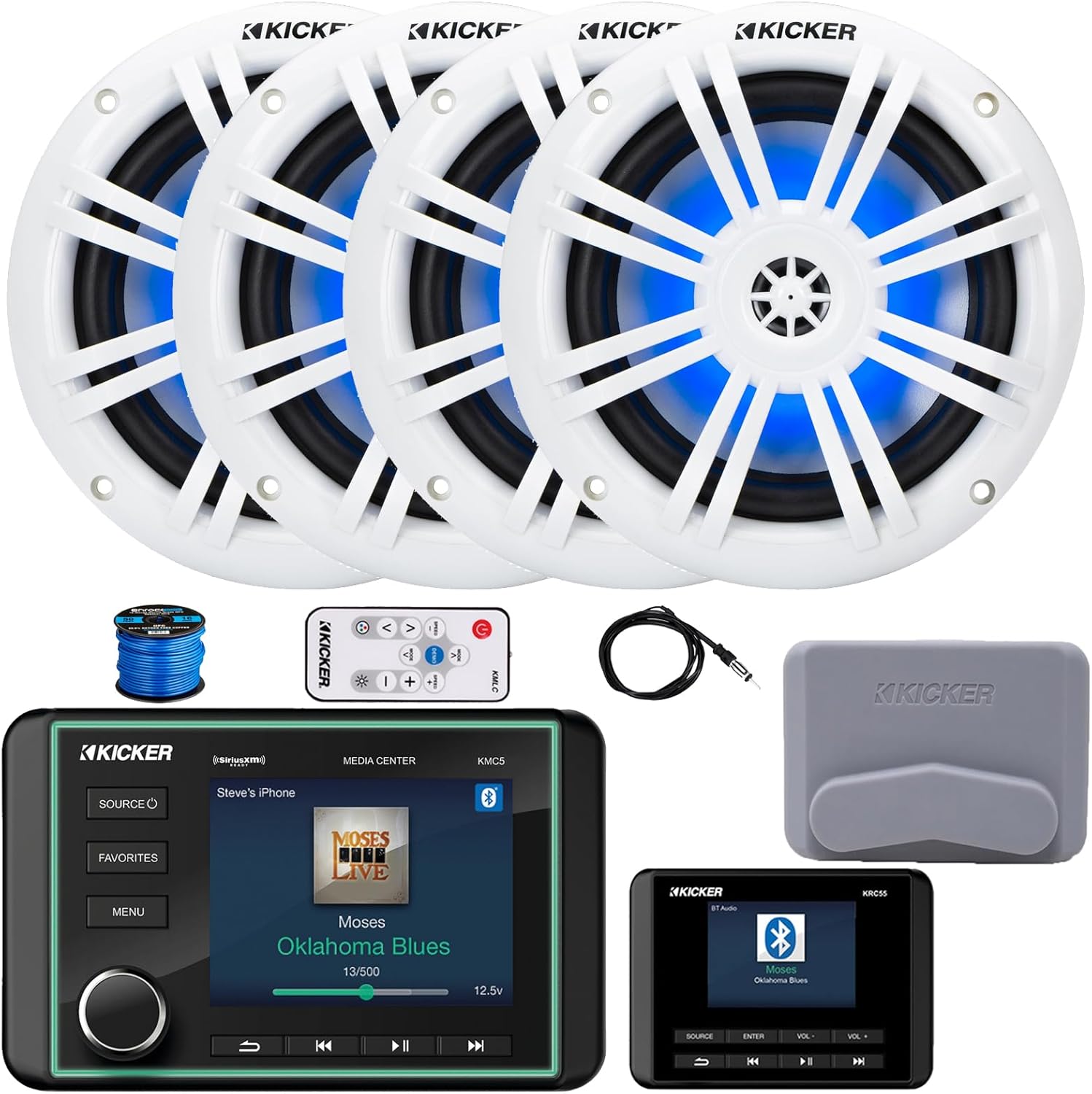 Kicker KMC5 3.5" LCD Display Marine Bluetooth USB/AUX WB AM/FM Radio Weather-Resistant Gauge Style Receiver W/Digital Controller, 4X 6.5 150W Max RGB LED Speakers W/LED Controller, Antenna, Wire