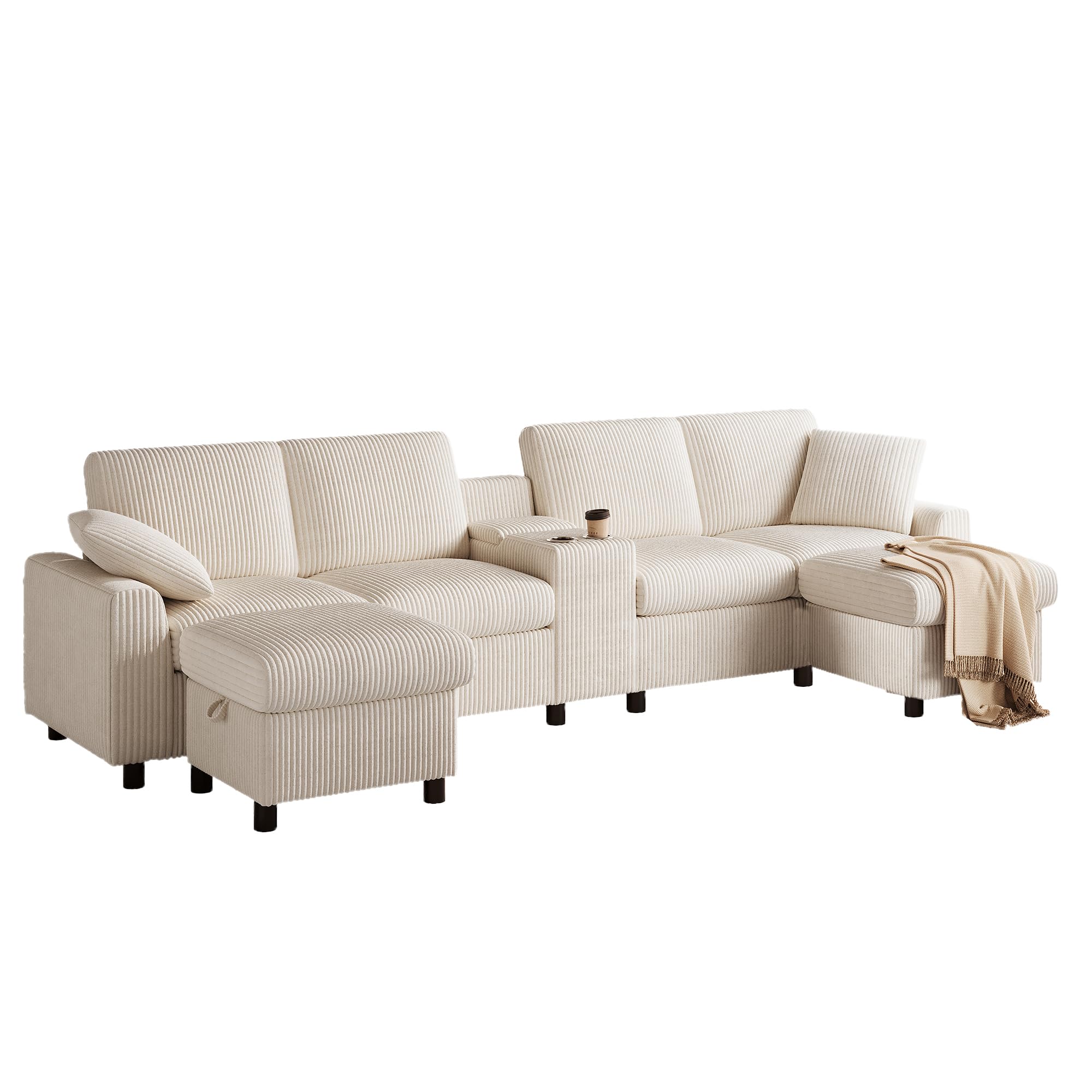 Divano a forma di U in Corduroy, beige, 140 x 320 cm, con 2 poggiapiedi con funzione di stoccaggio, tavolino da caffè, 2 portabevande