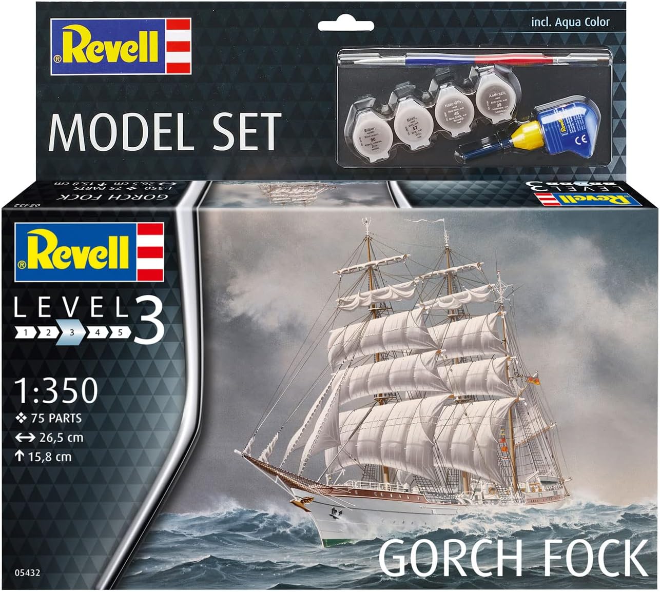 Revell Model Set 65432 Gorch Fock 1:350 Scale Unbuilt/Unpainted Plastic Model Kit with Contacta Professional Glue, Paintbrush & Selected Aqua Color Paints