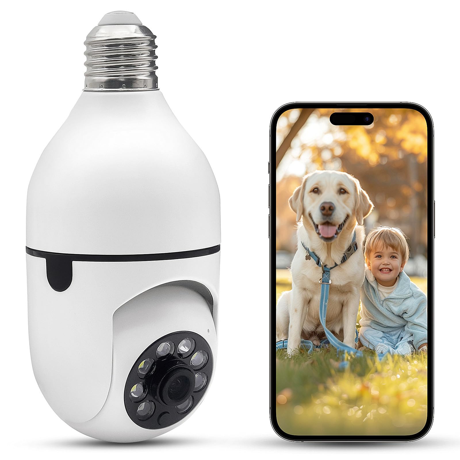 Caméra Surveillance WiFi 2K 2.4GHz Vision Nocturne Couleur Caméras de Surveillance avec Douille de Lampe E27 pour la sécurité à Domicile, la détection de Mouvement et l'alarme.