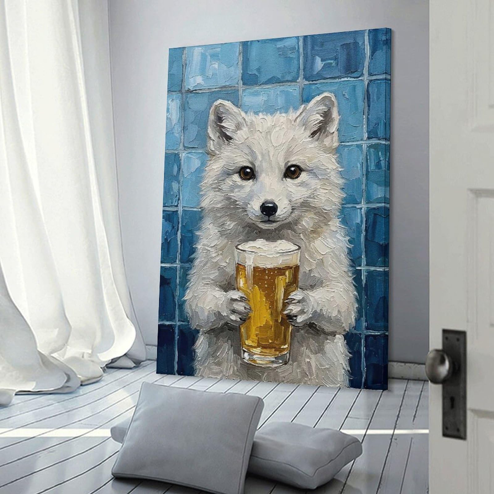 Junmoney Canvas Wall Art Arctic Fox with Beer Painting, 12x18inch(30x45cm), for Living Room, Bedroom, Office Or Hallway, Decorative Artwork with Broad Appeal